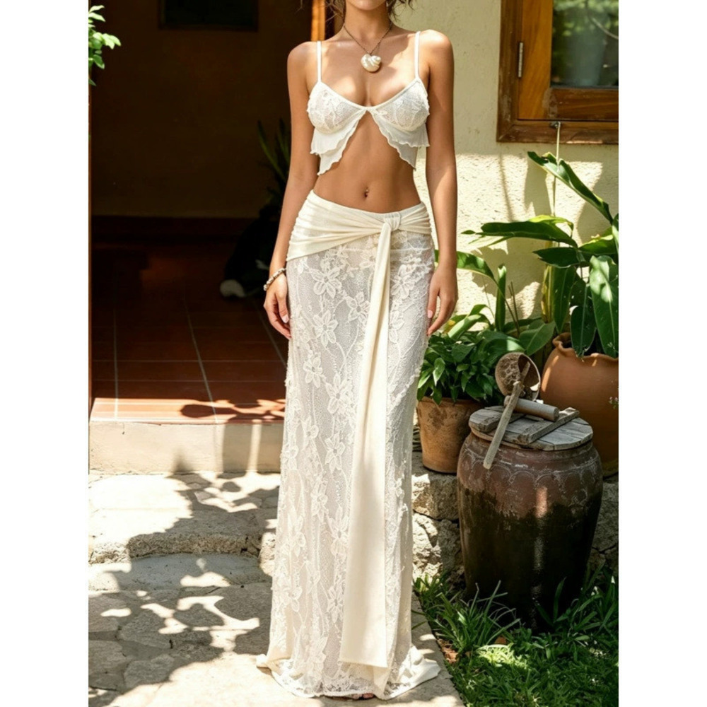 Zara Summer Vacation Crop Top and High Waist Tie Long Skirt Set